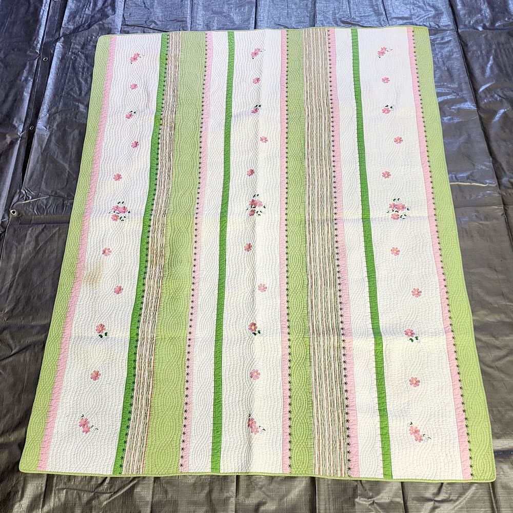 Lime Green Pink Floral Twin Size Quilt 100% Cotton Bedspread Striped Embroidered